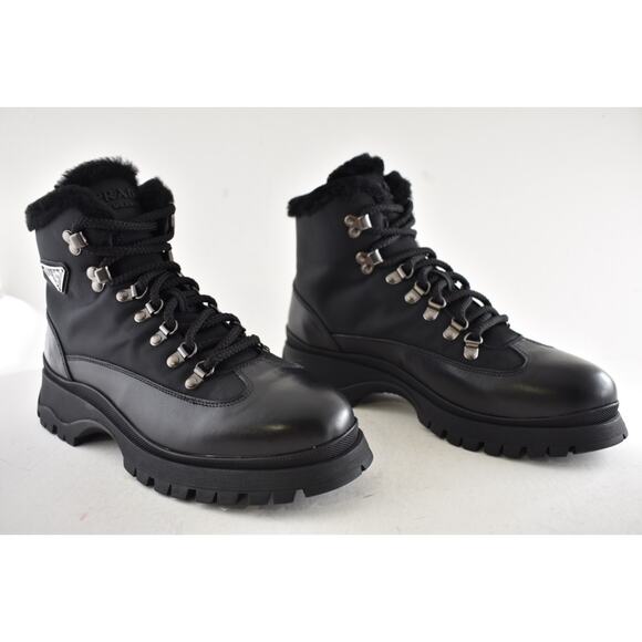 Prada Brixxen 38 Black Shearling Leather Nylon Lug Sole Lace Up Hiking Boot 40.5 - Picture 4 of 16